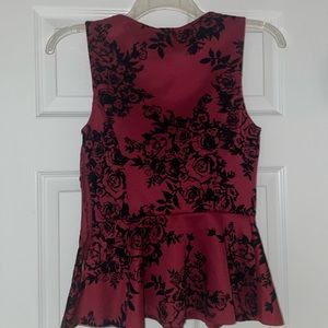 Forever21 Sleeveless peplum deep red burgundy shirt with black rose pattern